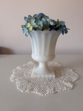 Vintage Milk Glass Grecian Footed Pedestal Vase Fluted Scalloped Rim MCM EAPG